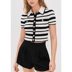 Self Portrait Striped Black Cotton Crochet Top Size M - NWT